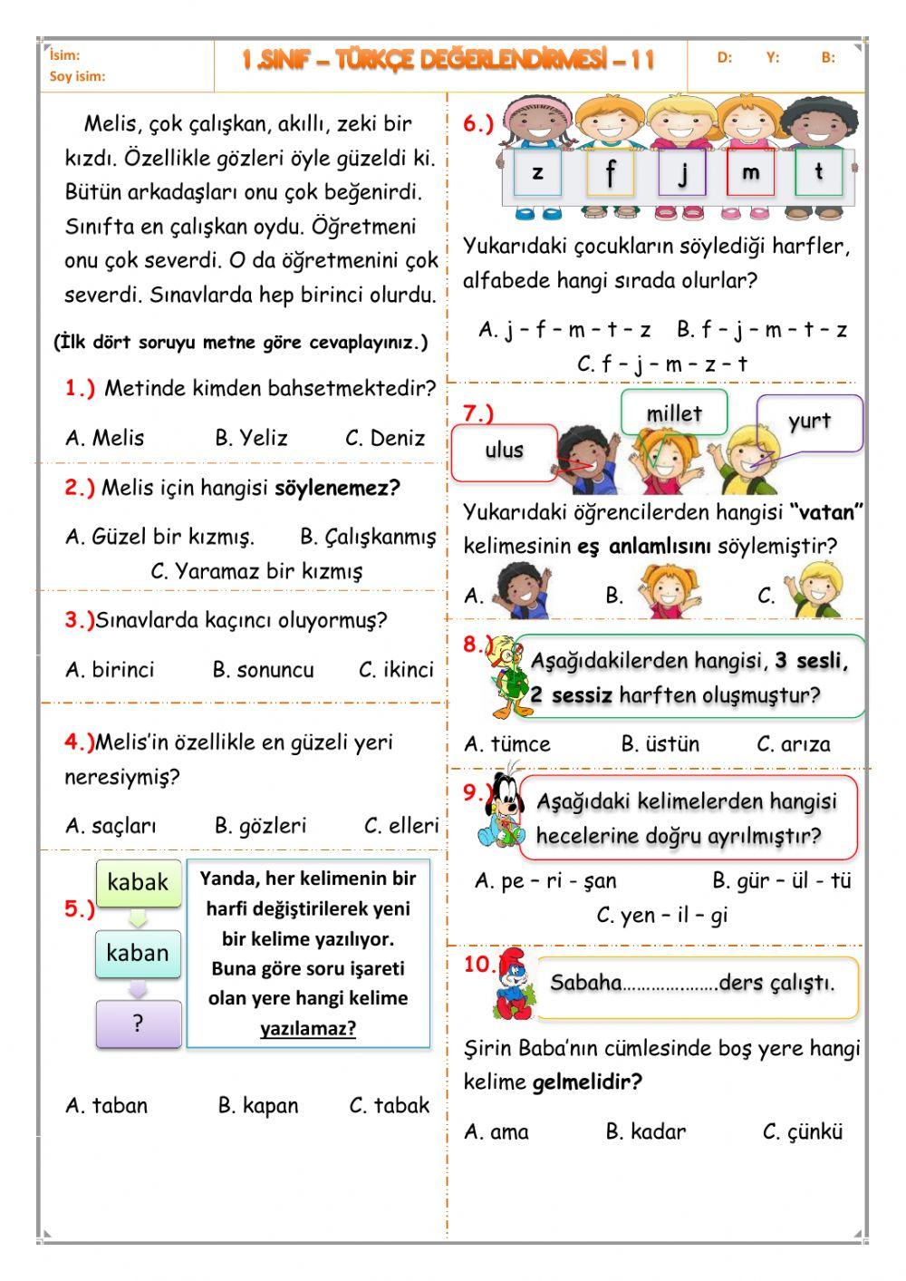 Türkçe dönem değerlendirmesi 1