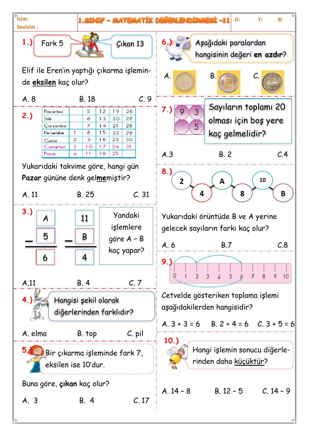 Matematik dönem değerlendirme 1