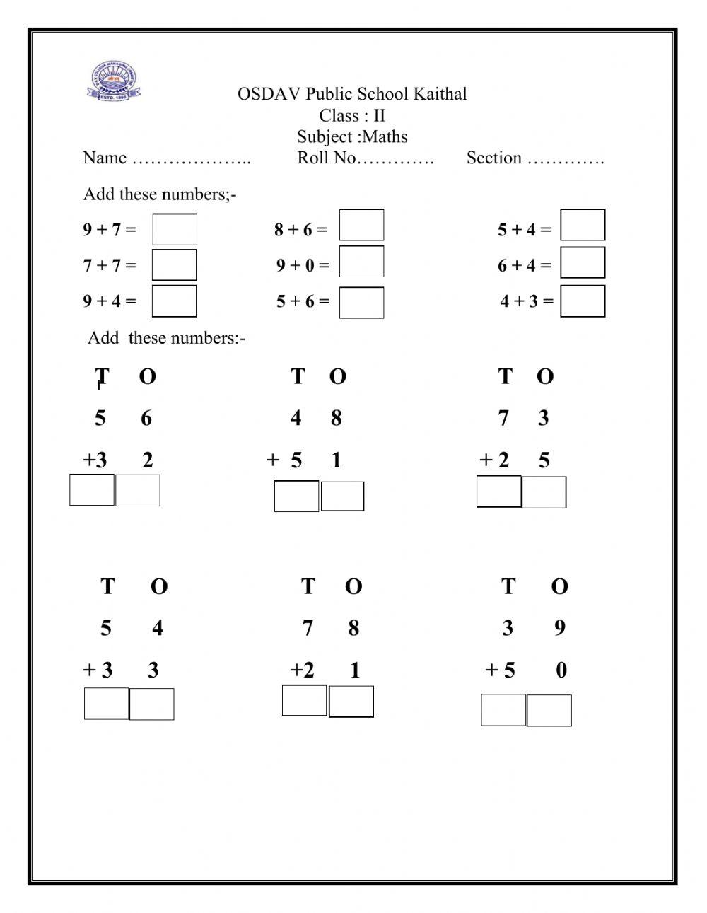 Maths Worksheet ( Addition )