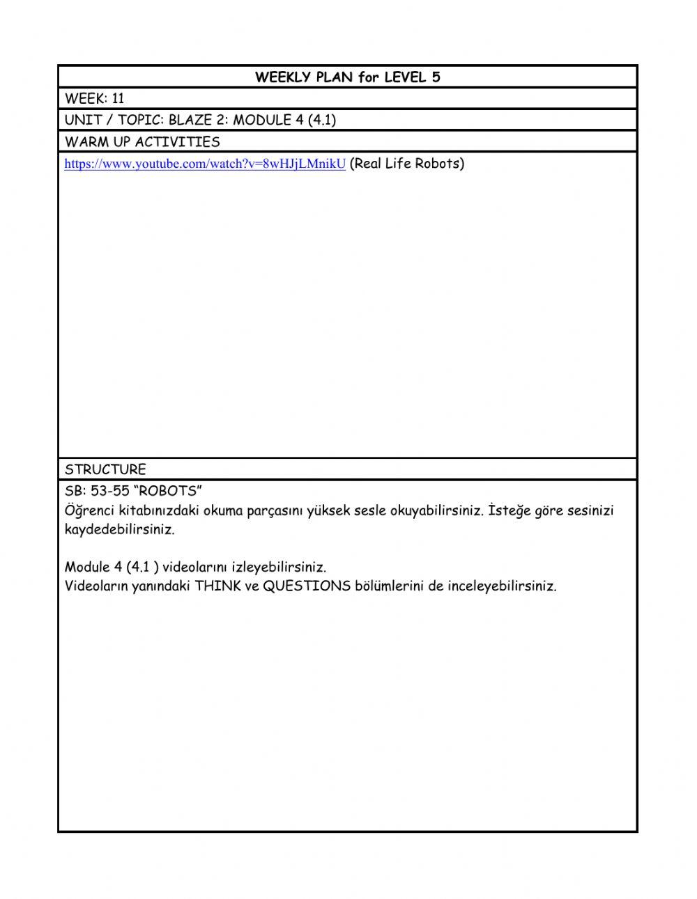 Level 5 weekly plan 11