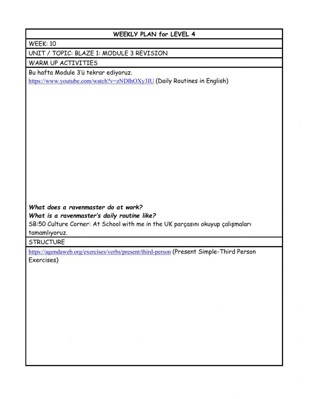 Level 4 weekly plan 10