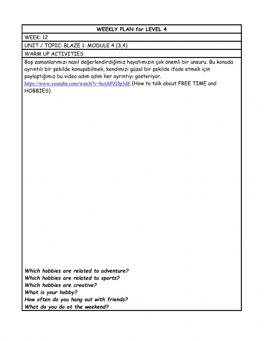 Level 4 weekly plan 12
