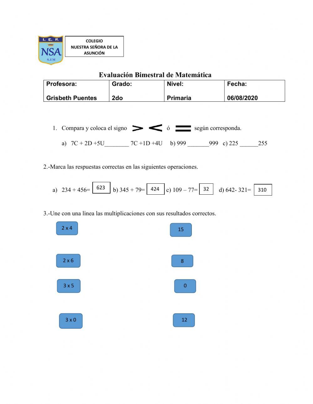 Evaluación de Matemática II Bimestre