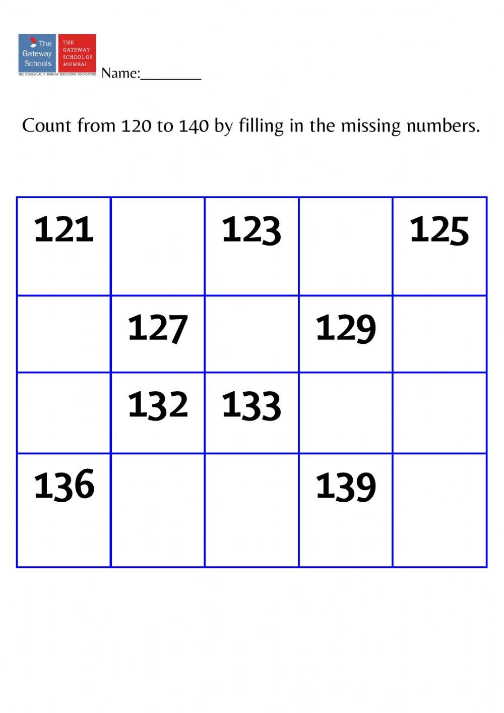 ▼しいしいページ△ Counting 120-140 | Free Interactive Worksheets | 5931505