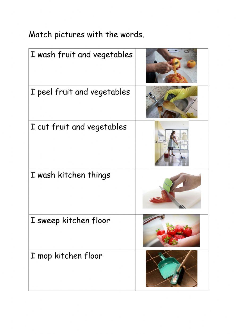 Kitchen Hand Sentences and Pictures Matching Activity