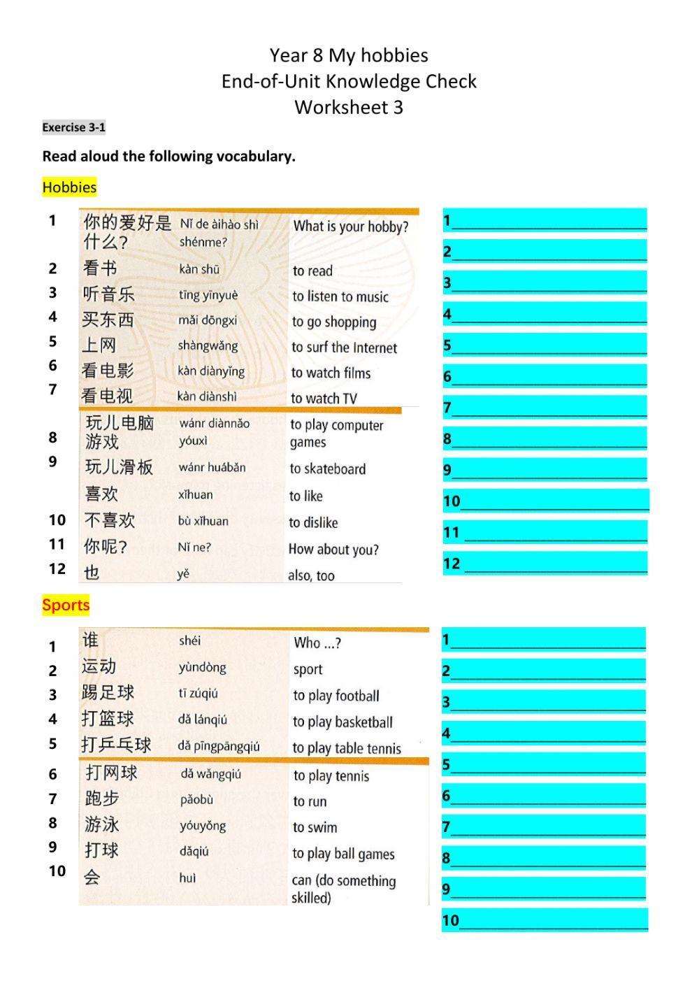 Y8 My Hobbies Unit Revision 3