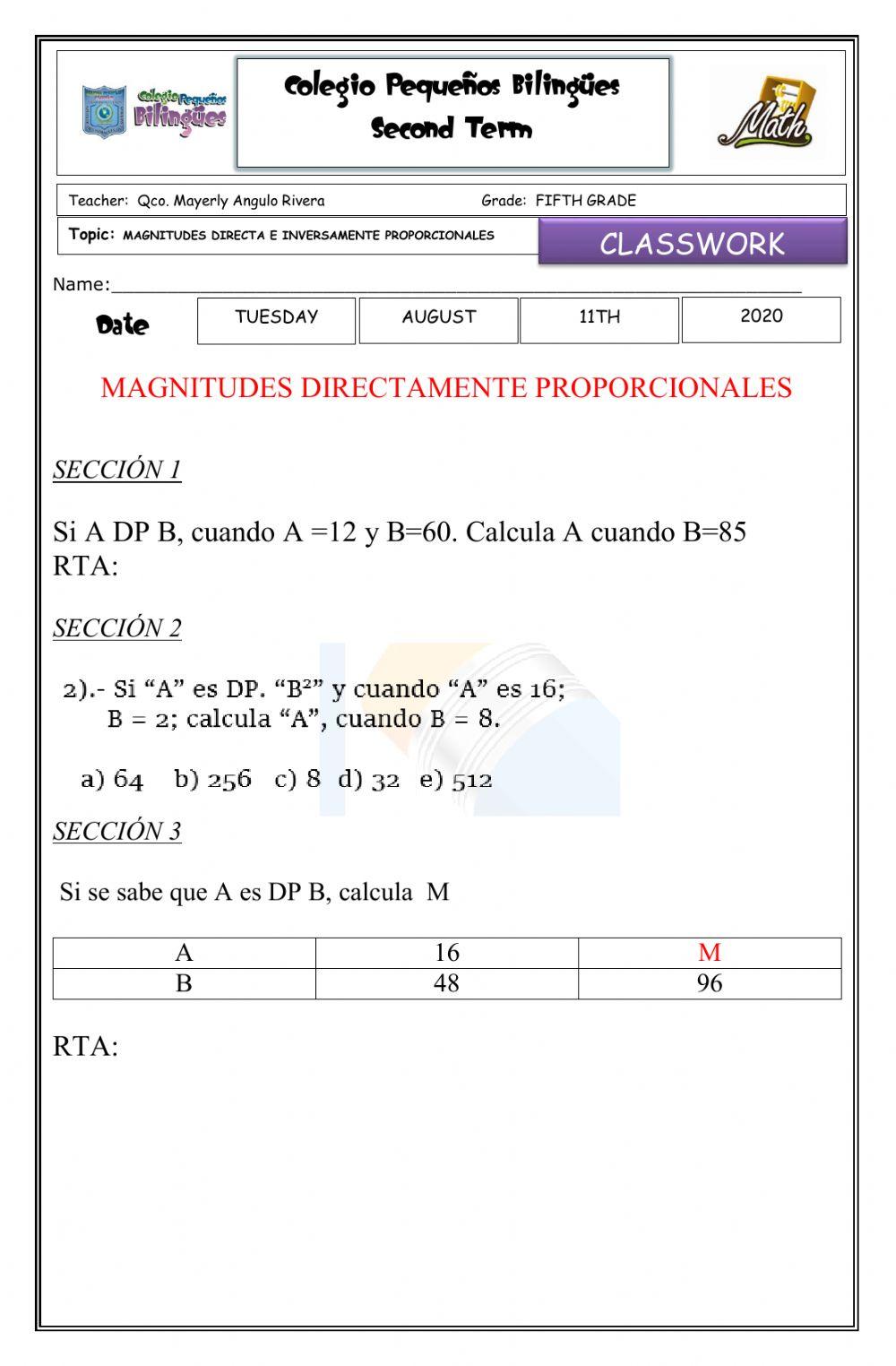 Magnitudes directamente proporcionales taller en clase agosto 11 de 2020