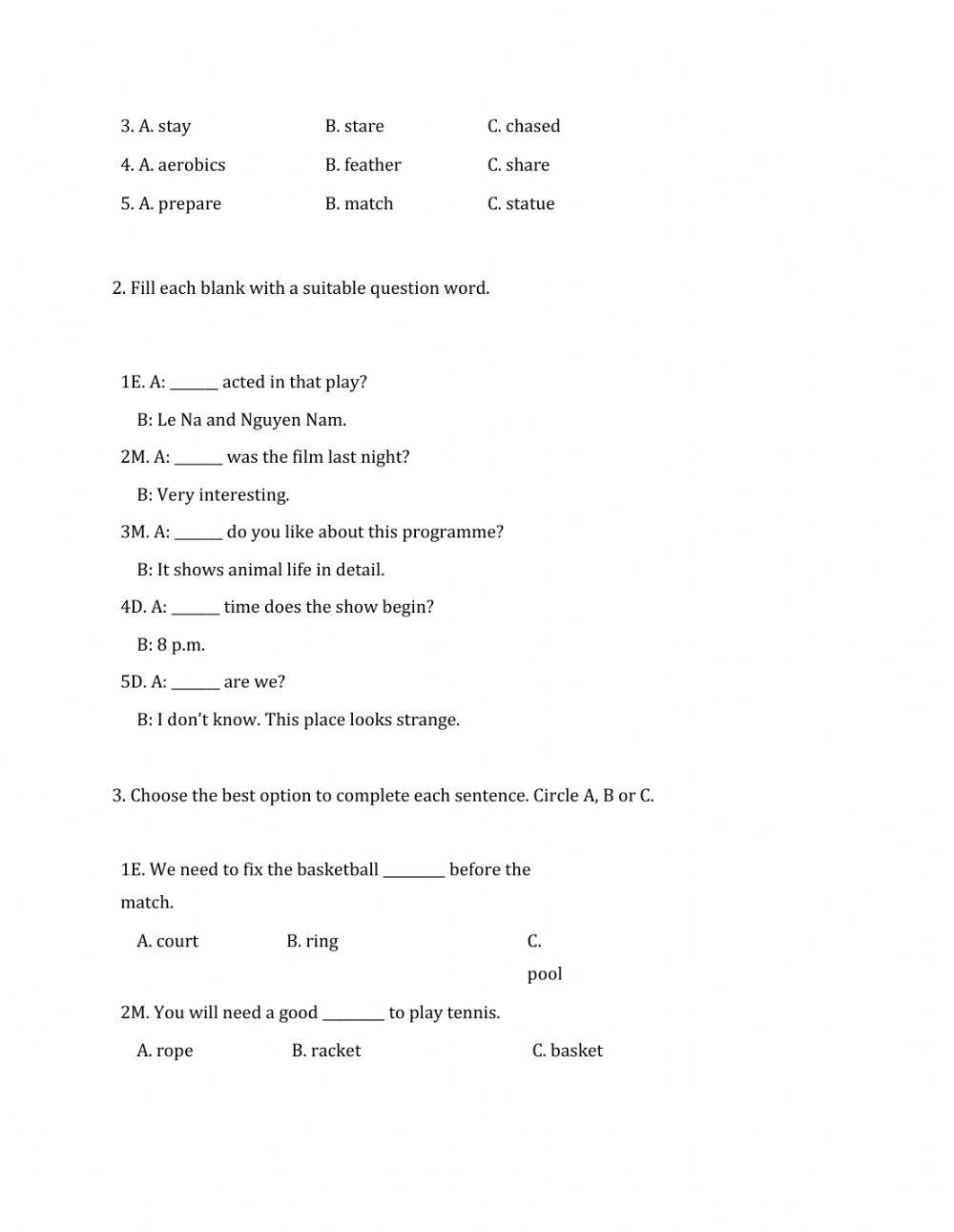 Lớp 6 - Kiểm tra 45 phút số 3 (Unit 7, 8)