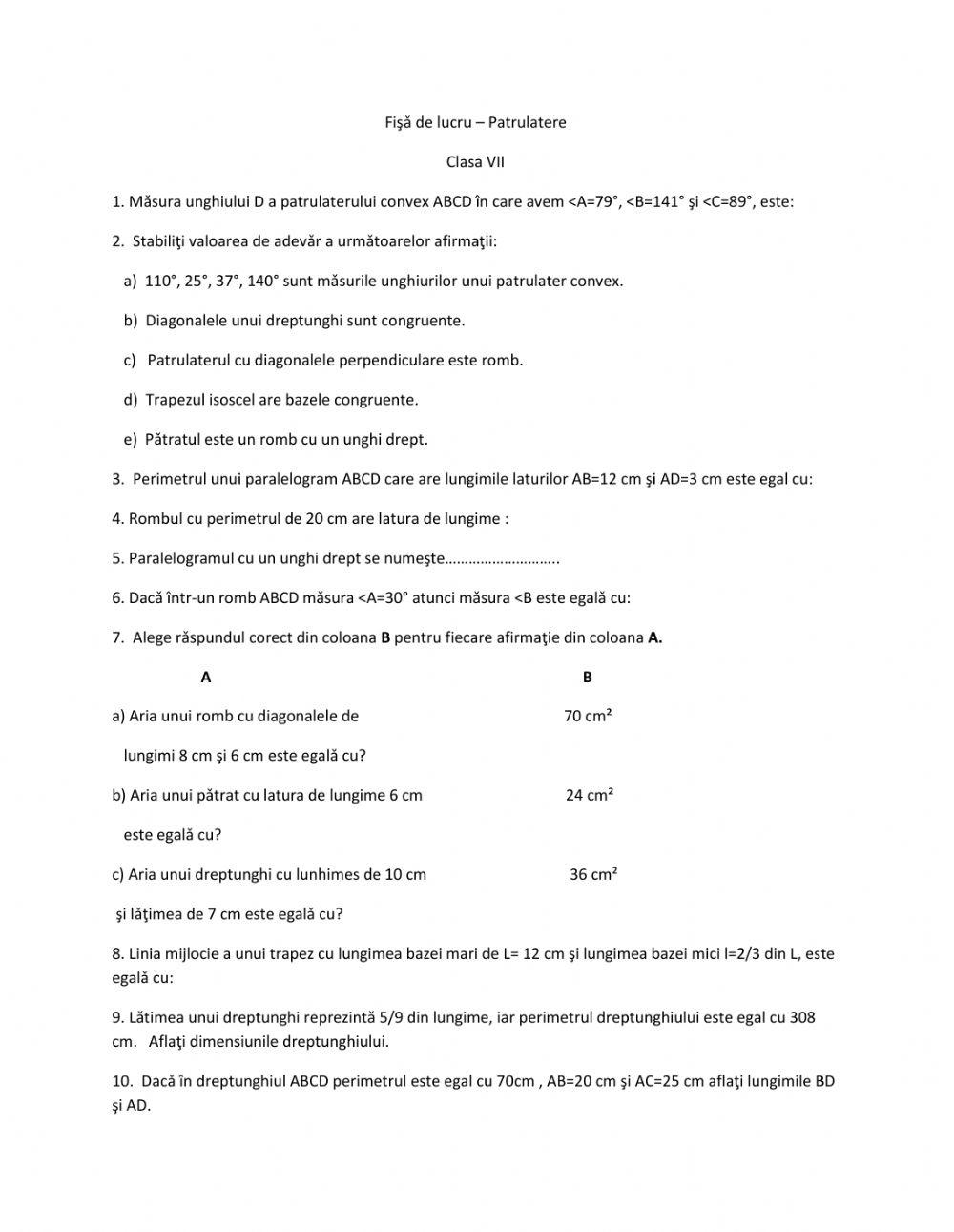 Fisa de lucru- Patrulatere