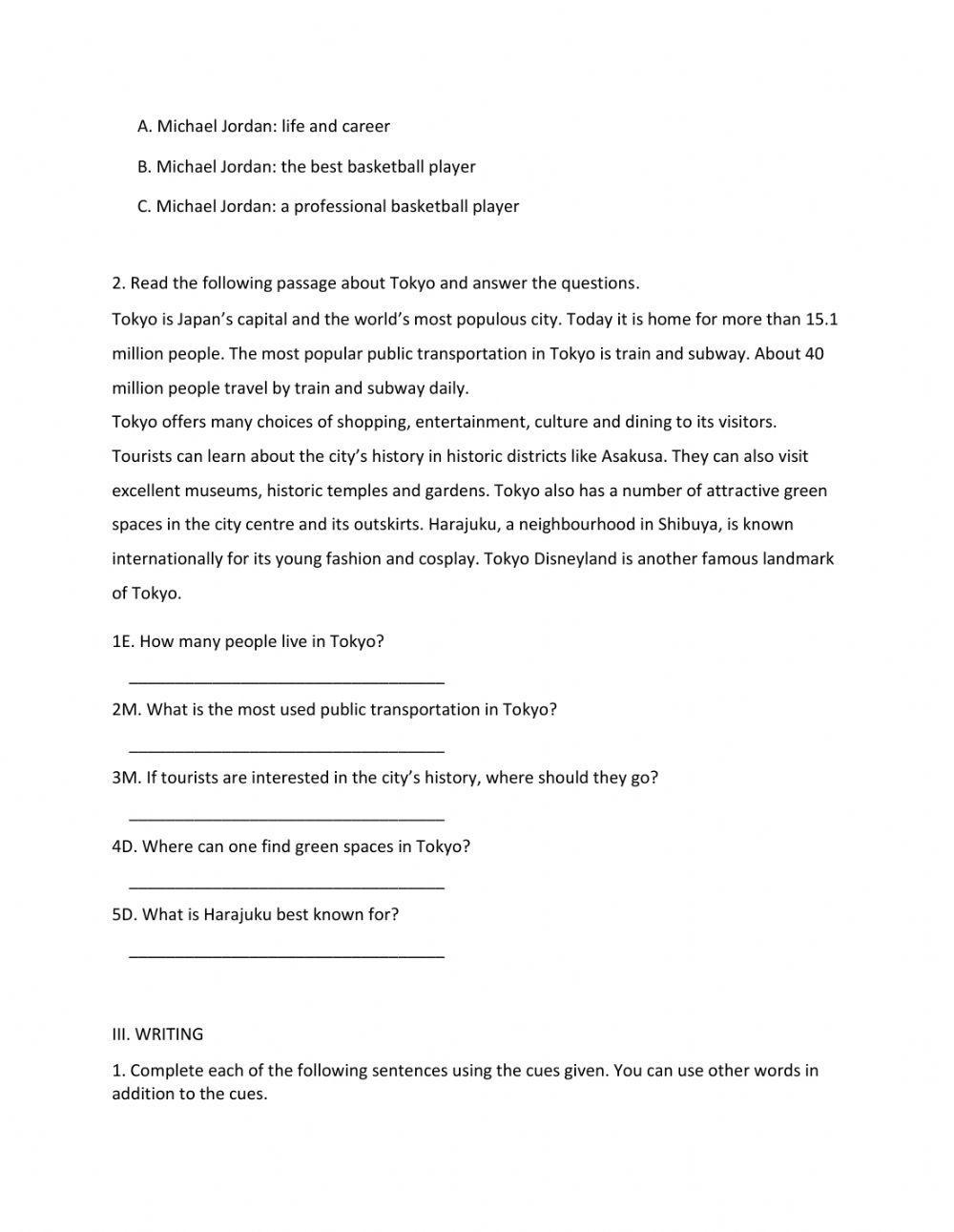 Lớp 6 - Kiểm tra 45 phút số 3 (Unit 7, 8, 9)