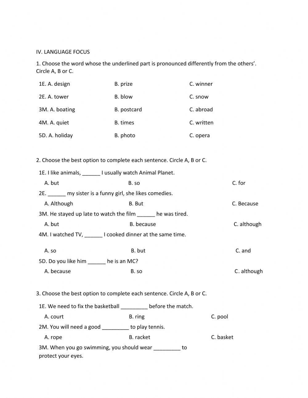 Lớp 6 - Kiểm tra 45 phút số 3 (Unit 7, 8, 9)