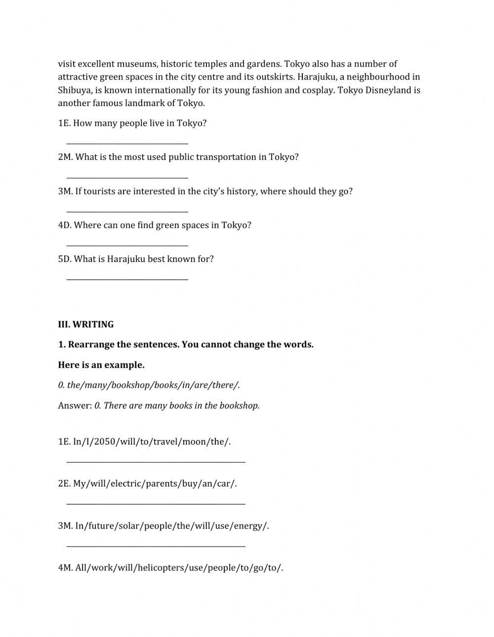 Lớp 6 - Kiểm tra 45 phút số 4 (Unit 9, 10)