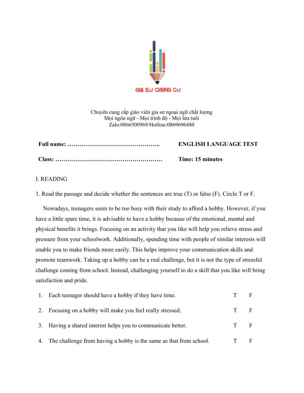 Lớp 7 - Unit 1 MY HOBBIES - READING