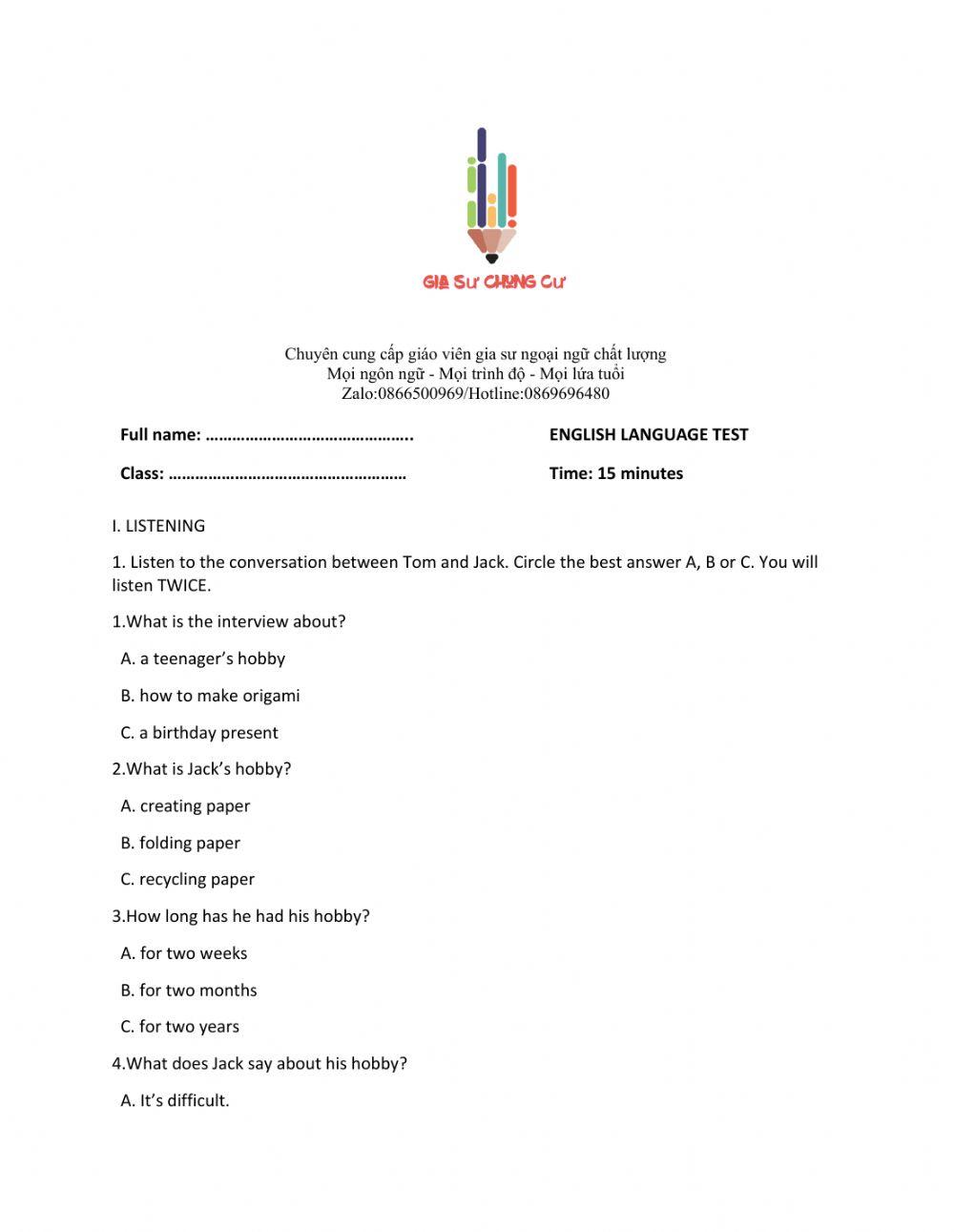 Lớp 7 - Unit 2 HEALTH - LISTENING