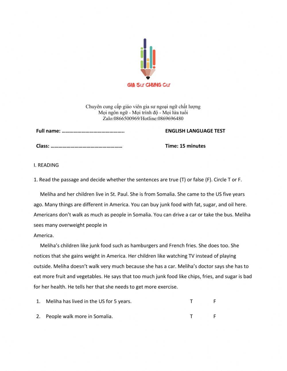 Lớp 7 - Unit 2 HEALTH-READING