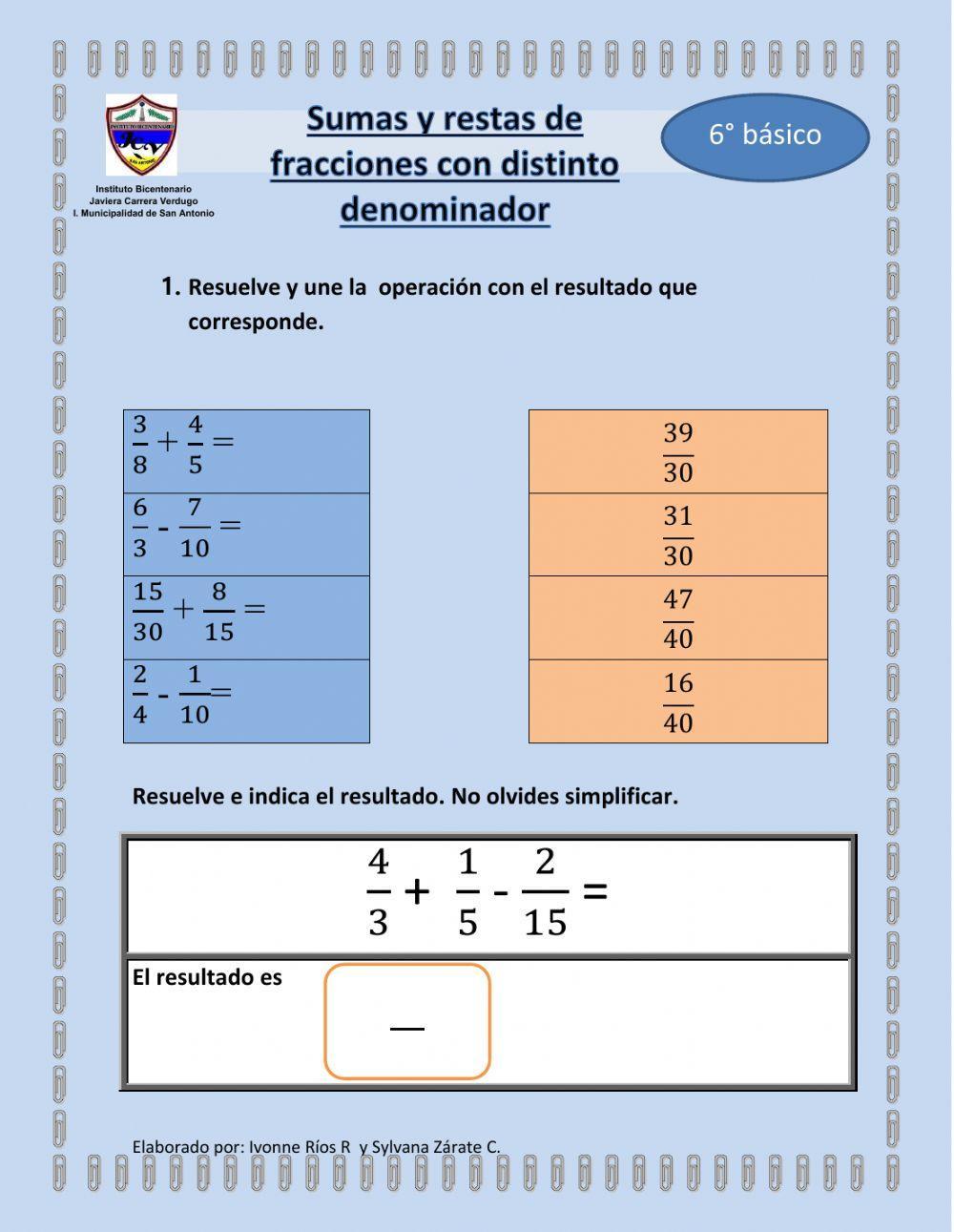 Sumas y restas de fracciones con distinto denominador