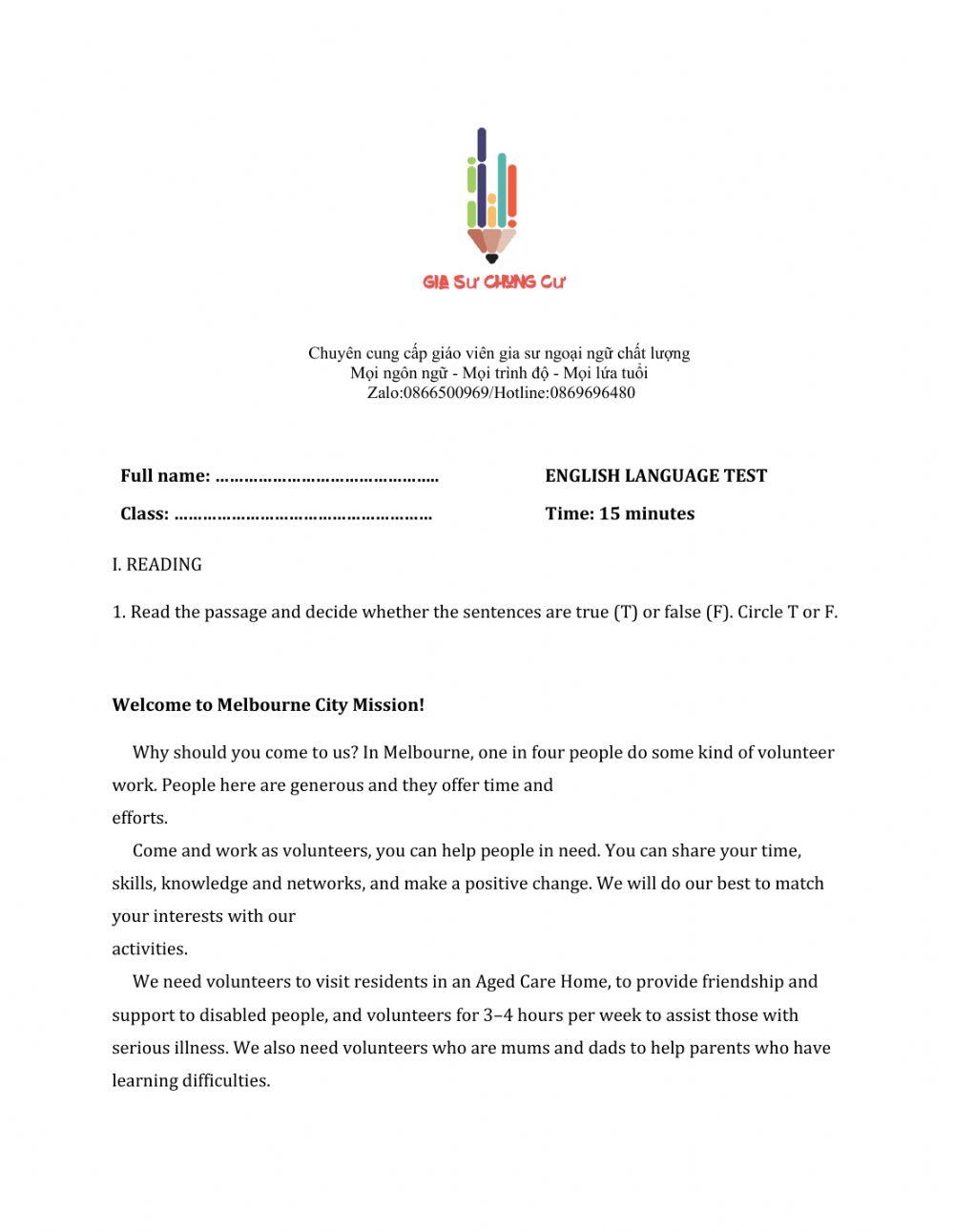 Lớp 7 - Unit 3 COMMUNITY SERVICE-READING