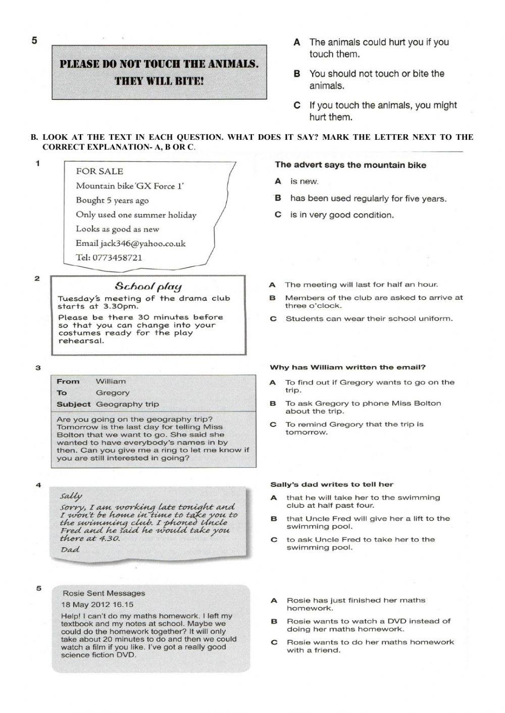 READING SIGNS FROM PET BOOKLET