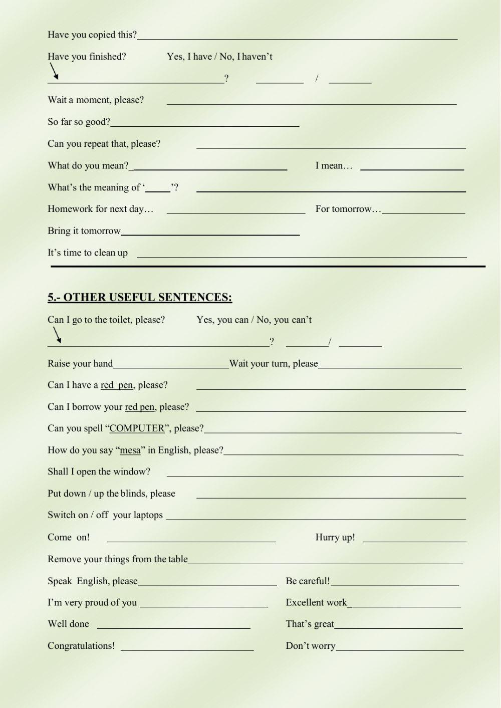 Useful sentences in the class