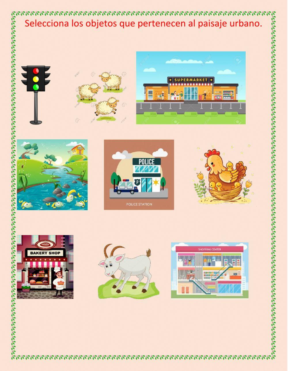 Identifica los objetos que pertenecen al paisaje urbano.