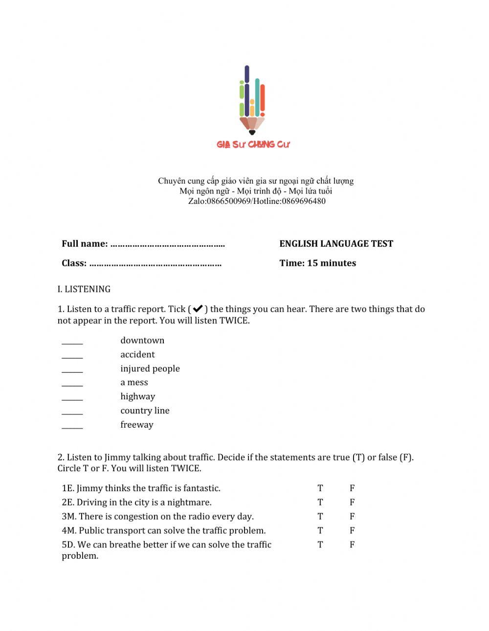 Lớp 7 - Unit 7 TRAFFIC-LISTENING