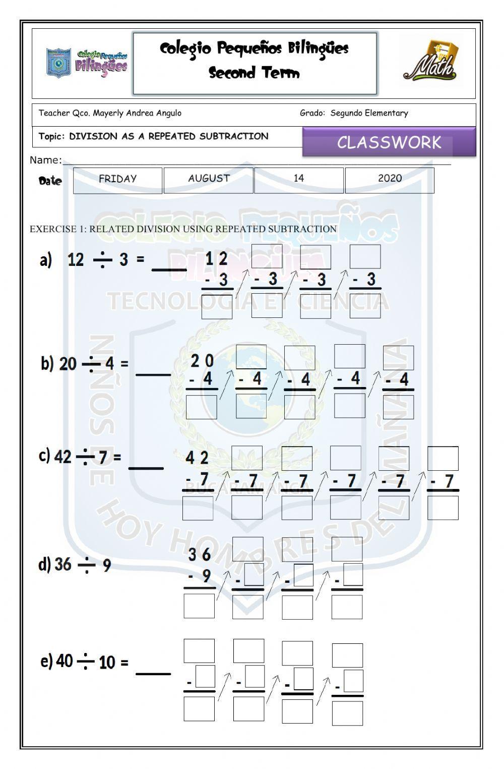 Classwork- ago 14- division as a repeated subtraction