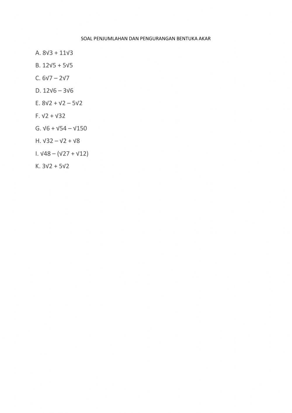 Penjumlahan dan Pengurangan Bentuk akar