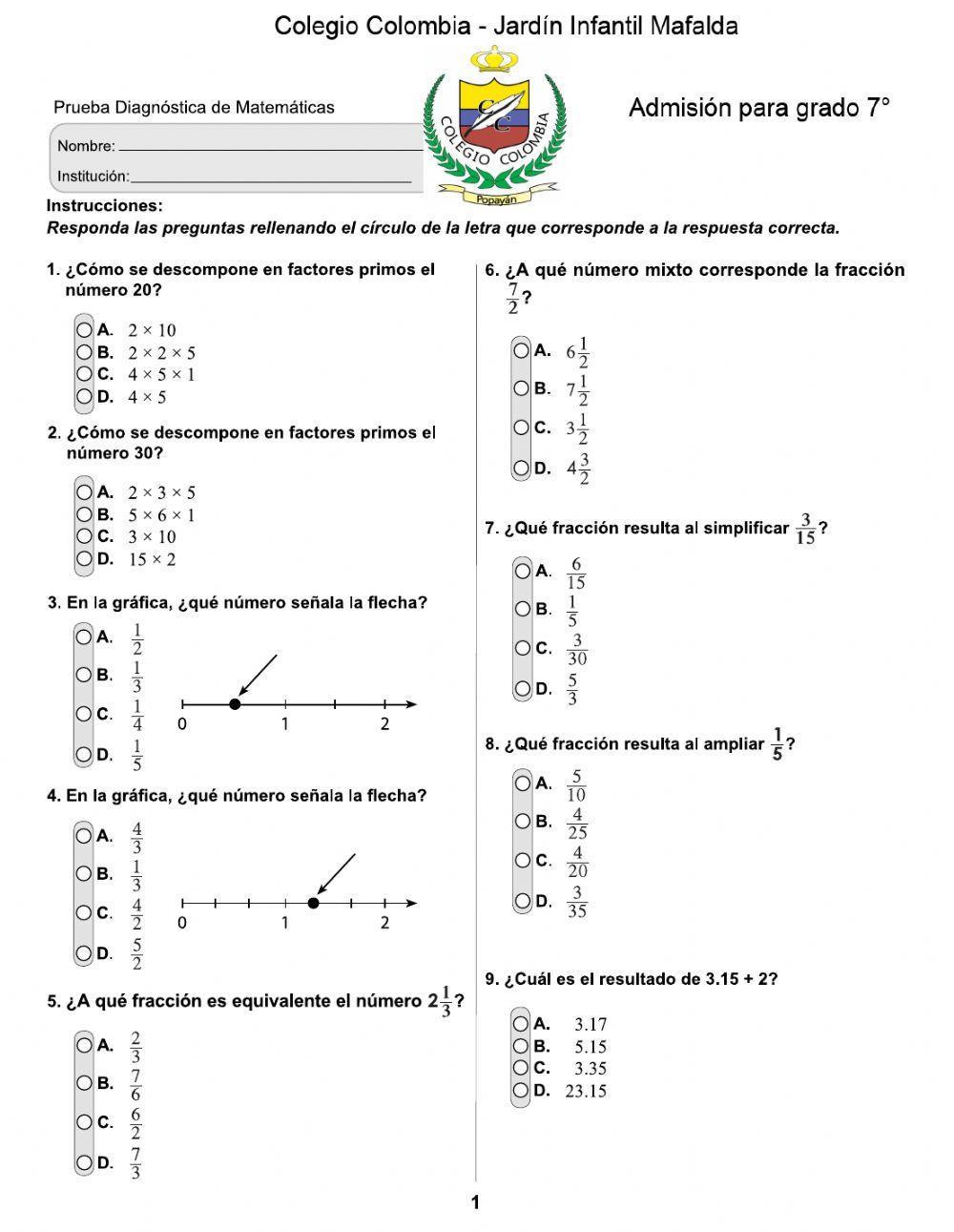 Examen de admisión matemáticas