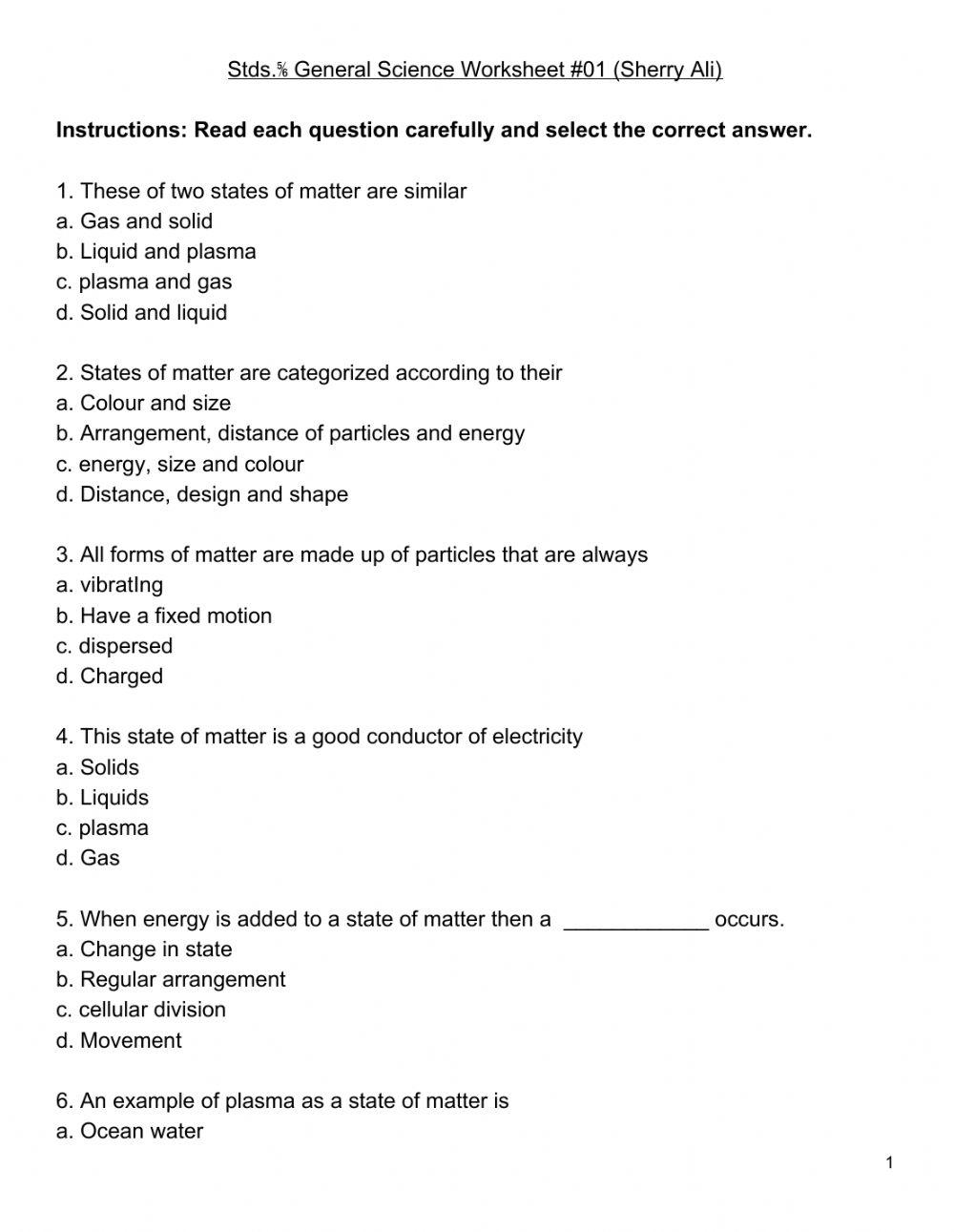 Std. 5-6 General Science worksheet