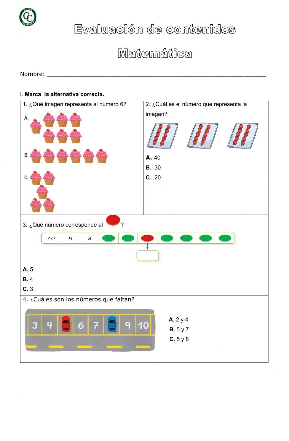 Evaluacion matemática números hasta 20