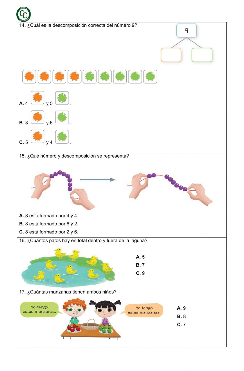 Evaluacion matemática números hasta 20