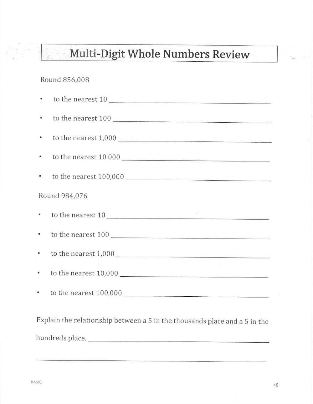 Multi-Digit Whole Numbers Review