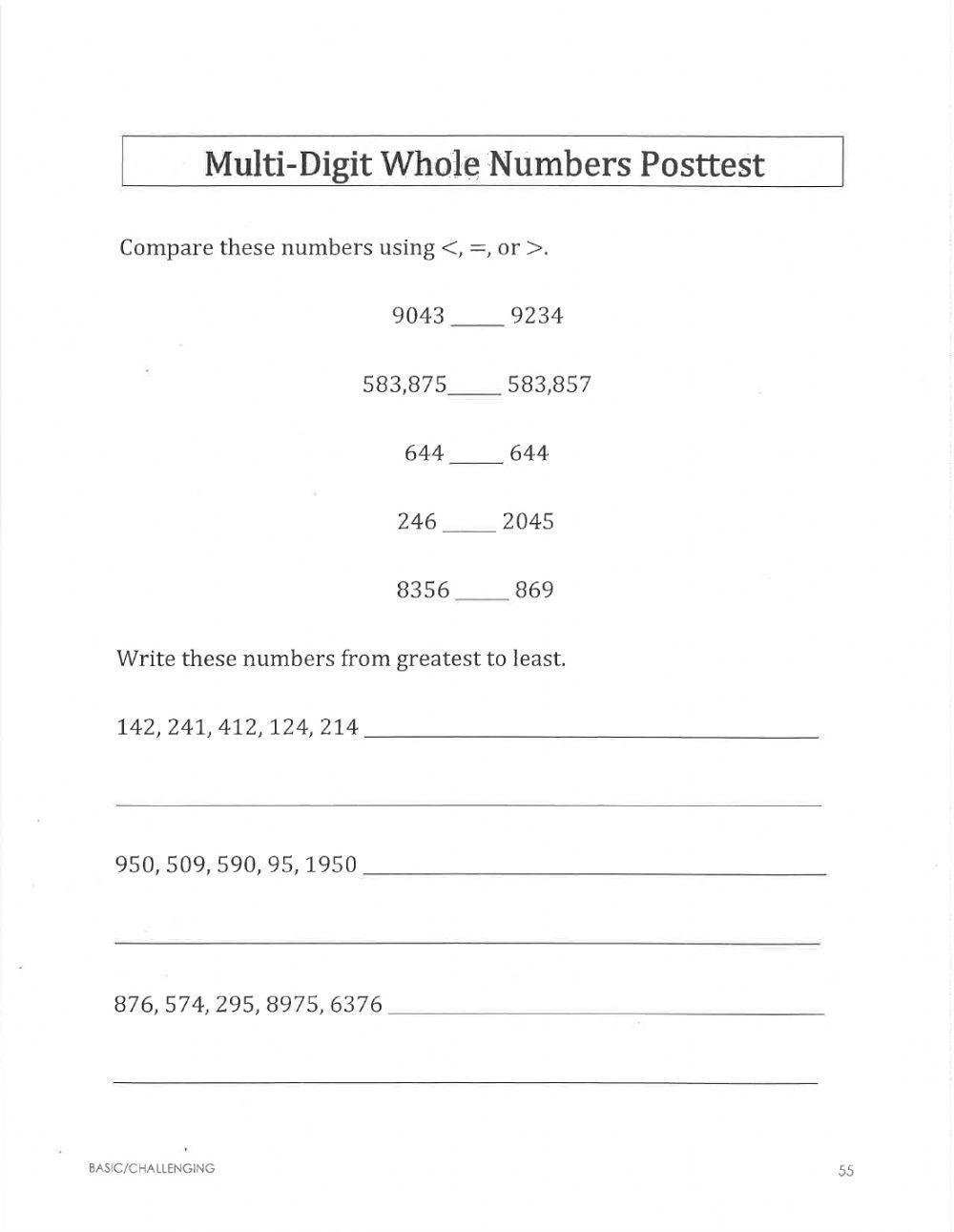 Multi-Digit Whole Numbers Posttest