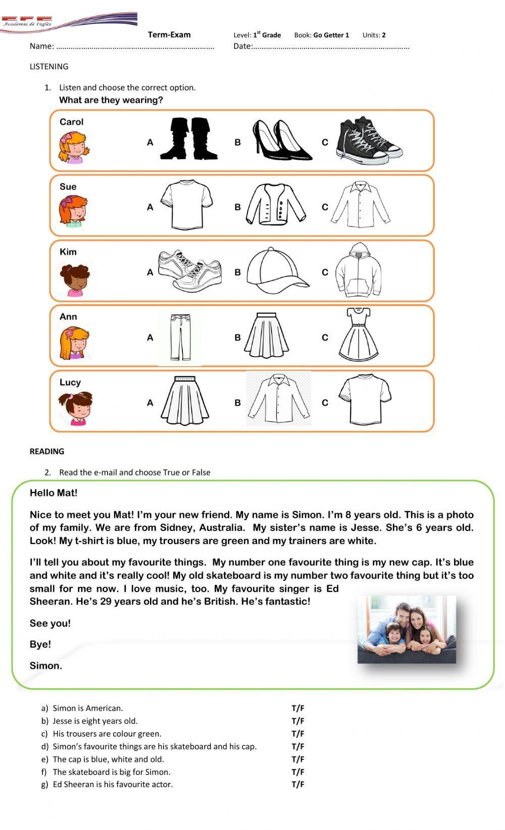1st Grade Exam Unit 2