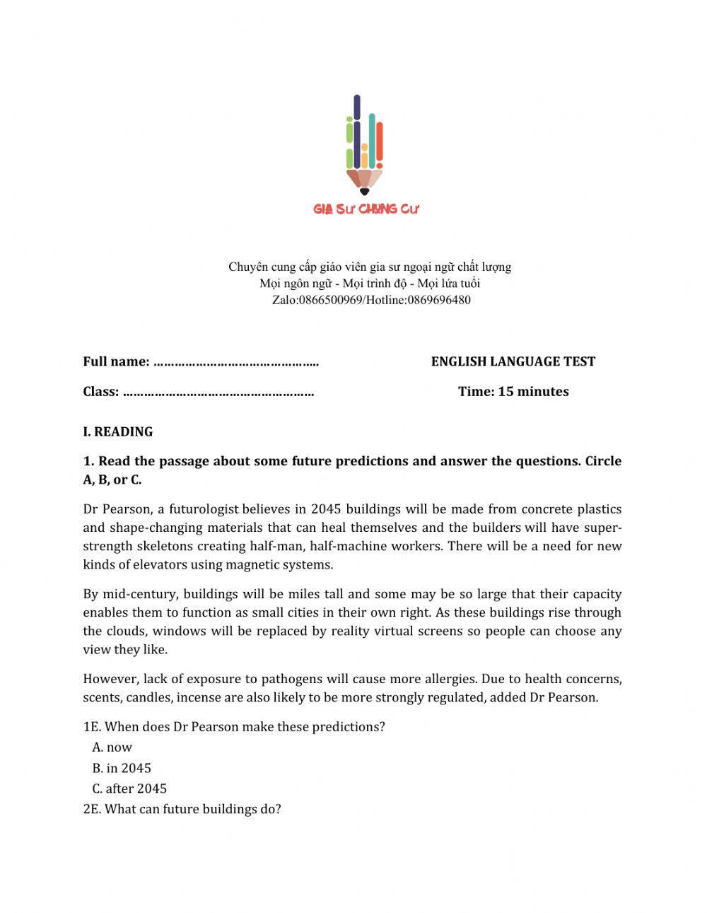 Lớp 7 - Unit 11 TRAVELLING IN THE FUTURE-READING -