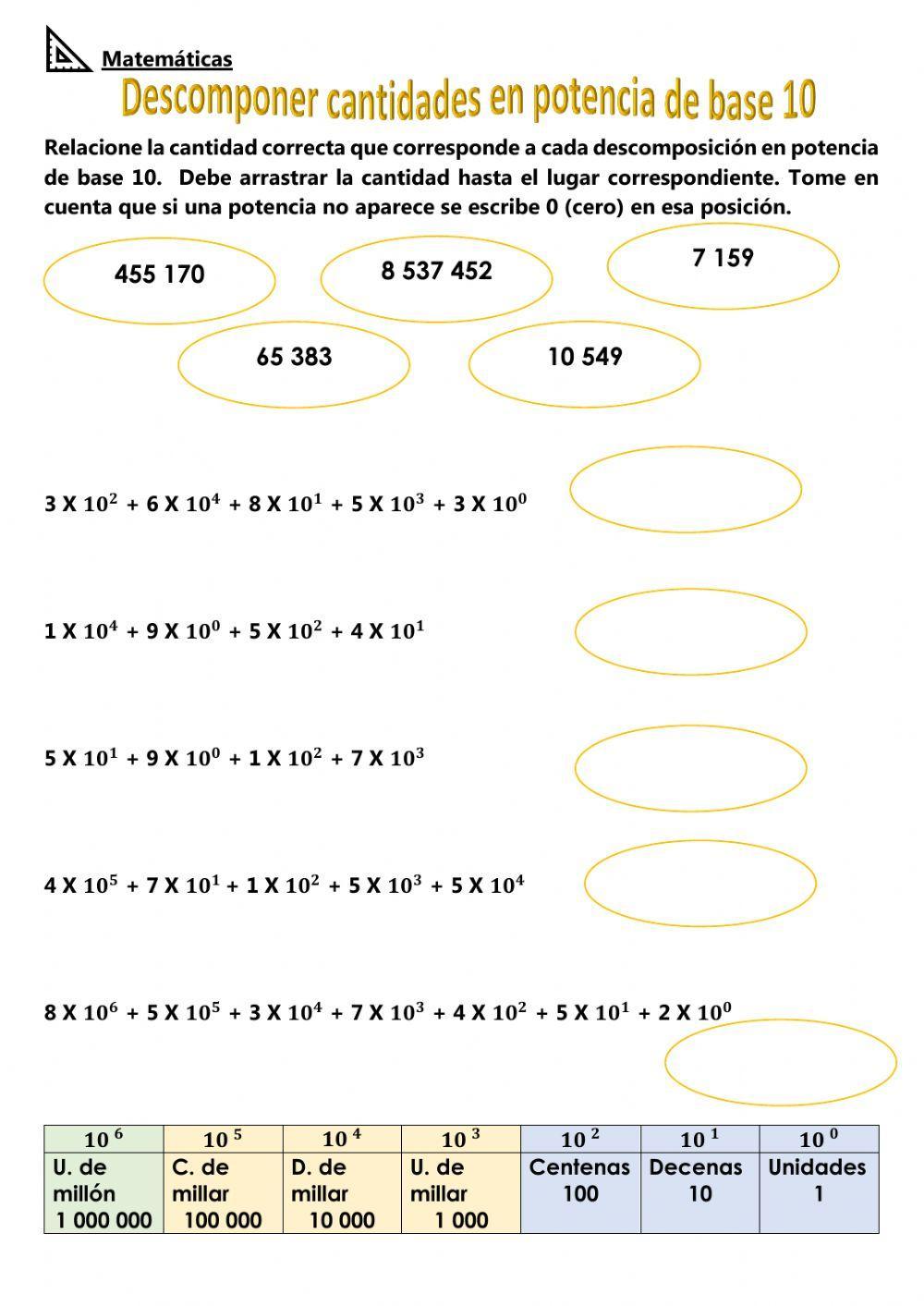 Descomponer cantidades en potencias de base 10