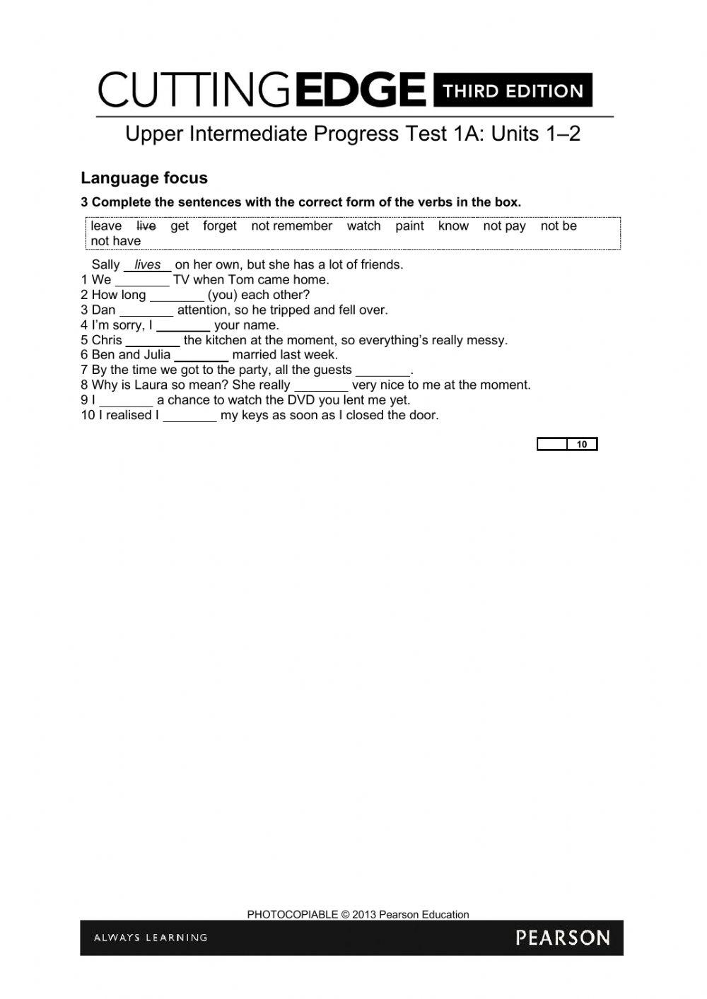Cutting Edge Upper Intermediate Progress Test 1A Units