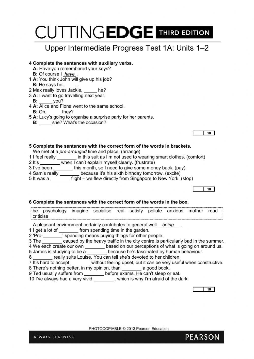 Cutting Edge Upper Intermediate Progress Test 1A Units