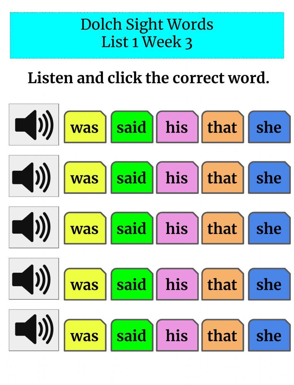 Sight Words List 1 Week 3 Word Recognition