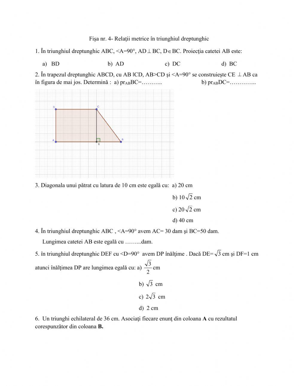 Fisa- relatii metrice in triunghiul dreptunghic