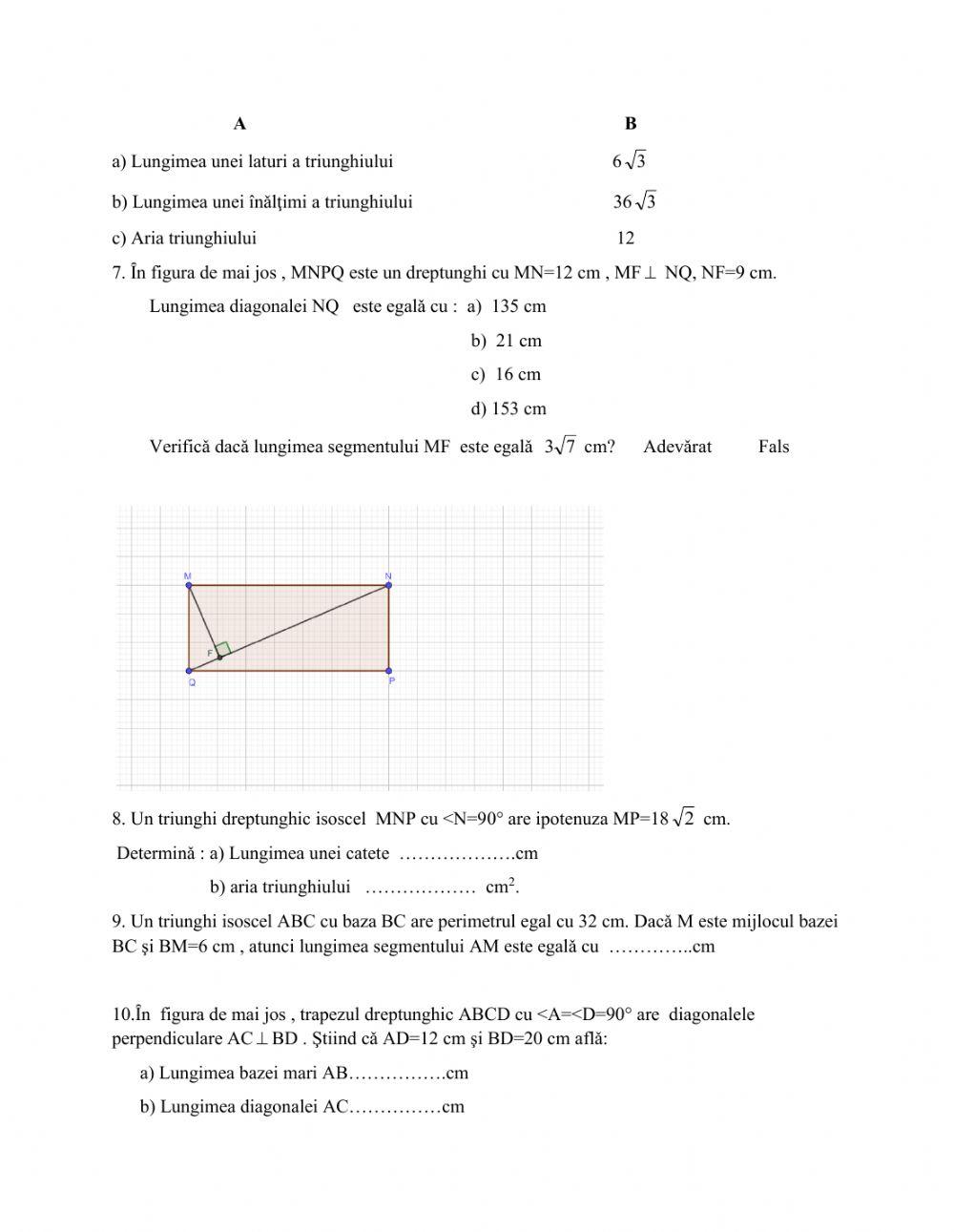 Fisa- relatii metrice in triunghiul dreptunghic