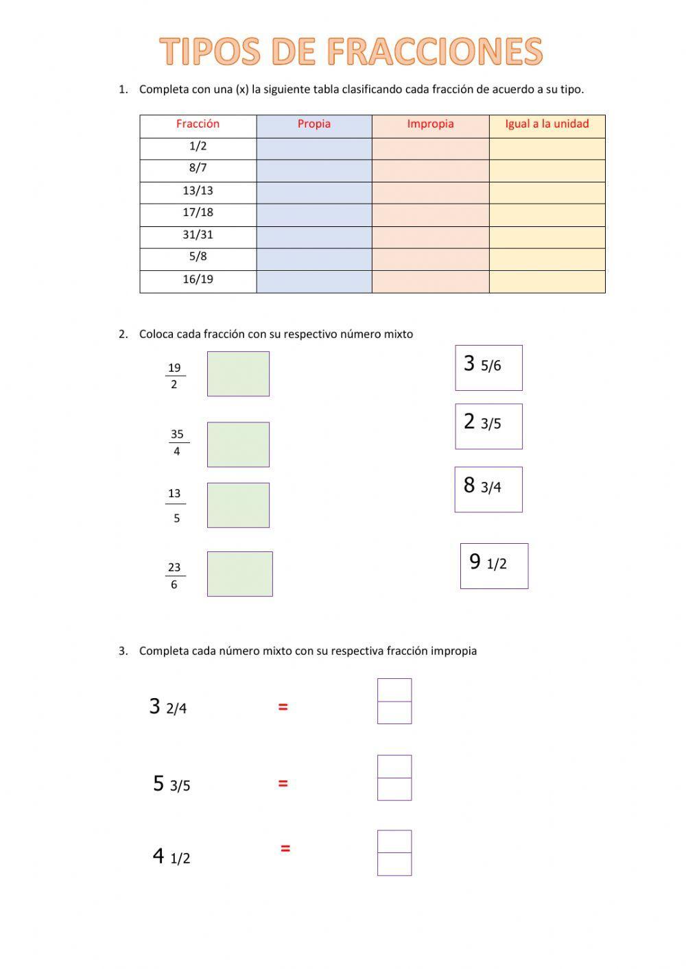 Tipos de Fracciones interactive worksheet