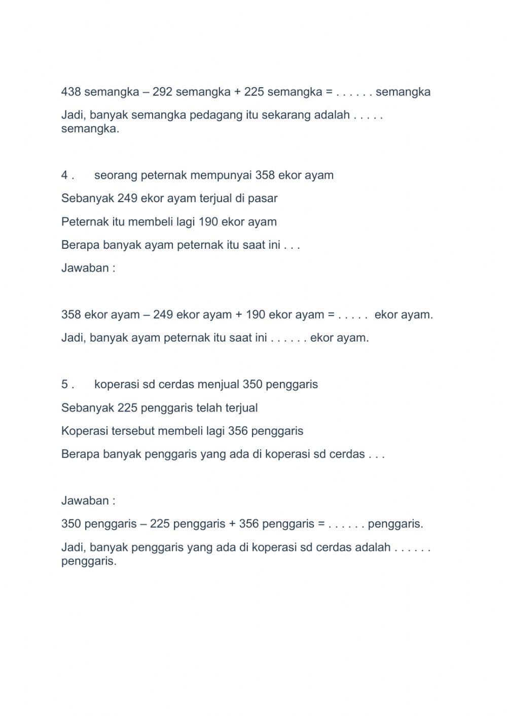Latihan soal cerita penjumlaham dan pengurangan sesi 1