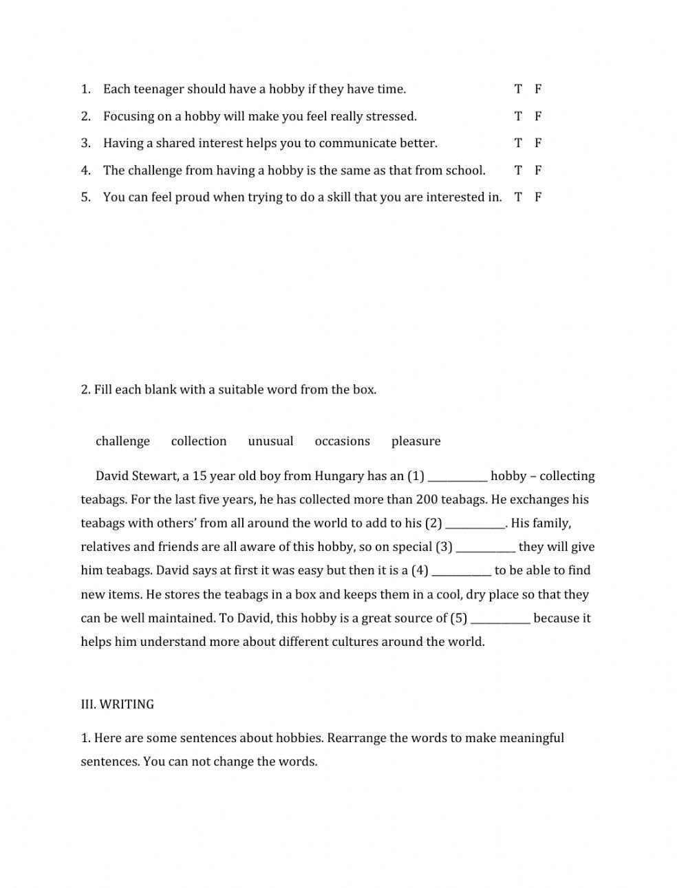 Lớp 7 - Kiểm tra 45 phút số 1 (Unit 1, 2, 3)
