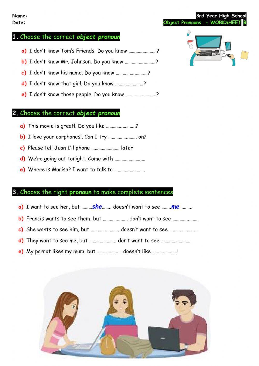 3rd - Object Pronouns - Worksheet B