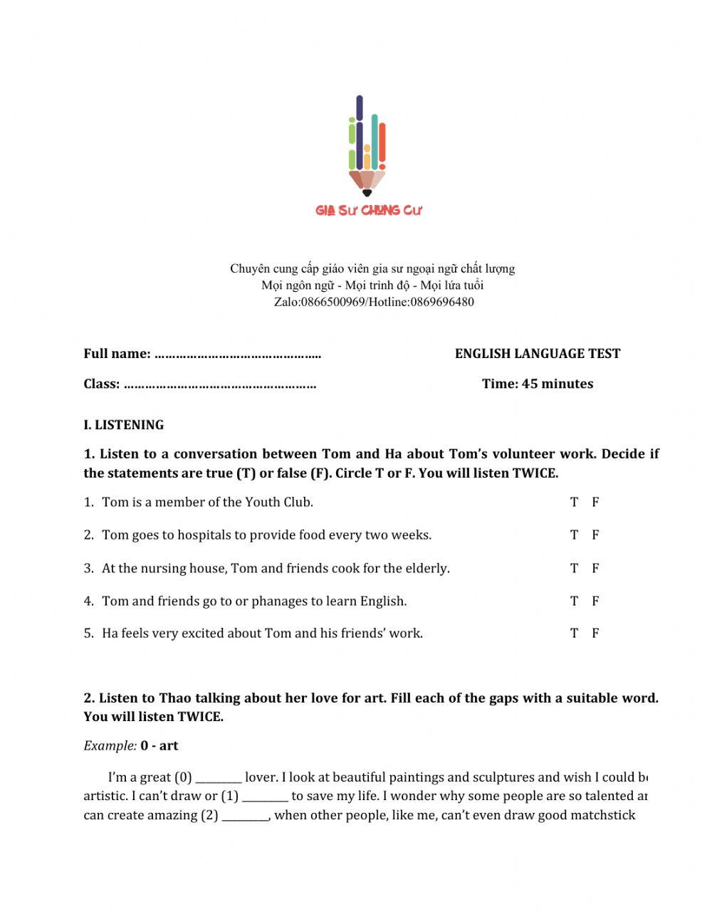 Lớp 7 - Kiểm tra 45 phút số 2 (Unit 3, 4)