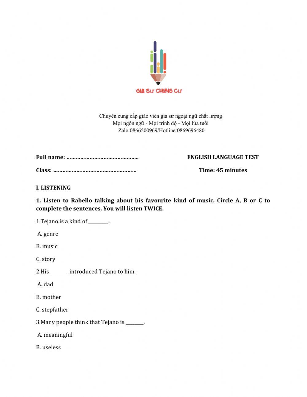 Lớp 7 - Kiểm tra 45 phút số 2 (Unit 4, 5)