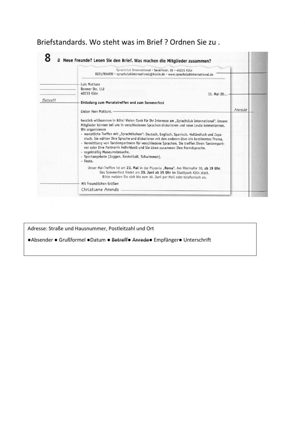 Briefstandards Wo steht was im Brief ? Ordnen Sie zu.