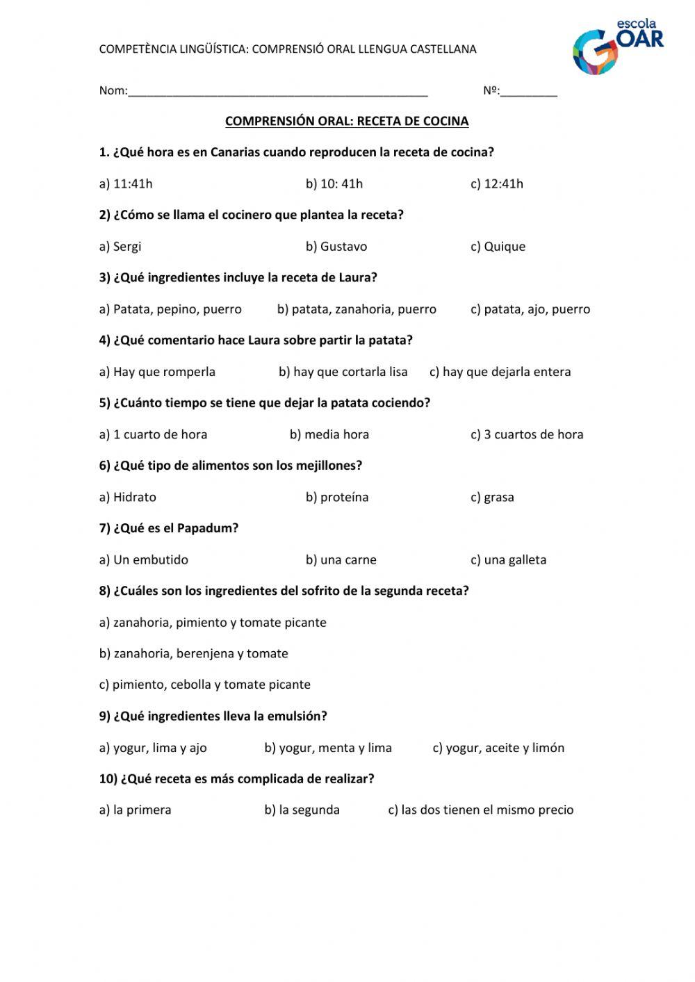 Comprensión oral: recetas de cocina