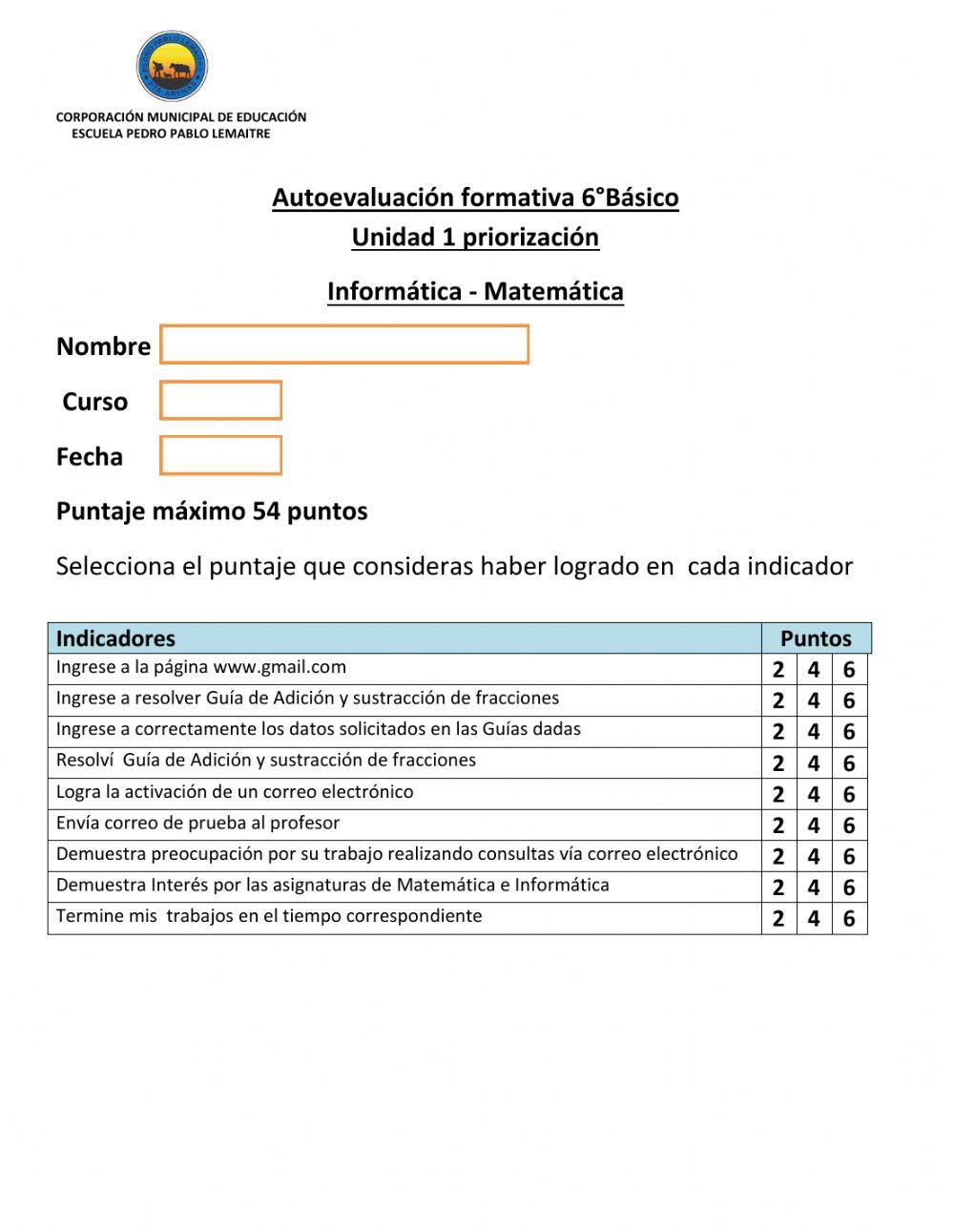 Autoevaluacion 6tos unidad 1